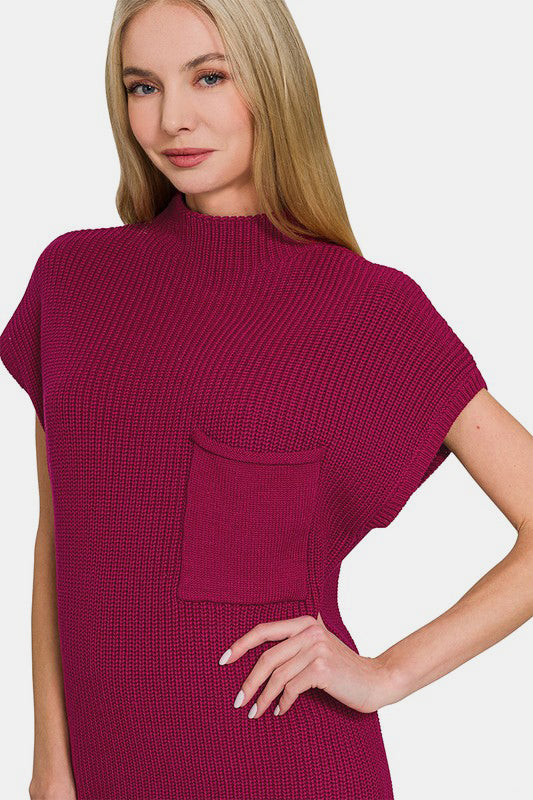 Zenana Spring Chill In The Air Mock Neck Short Sleeve Sweater Dress in Cabernet