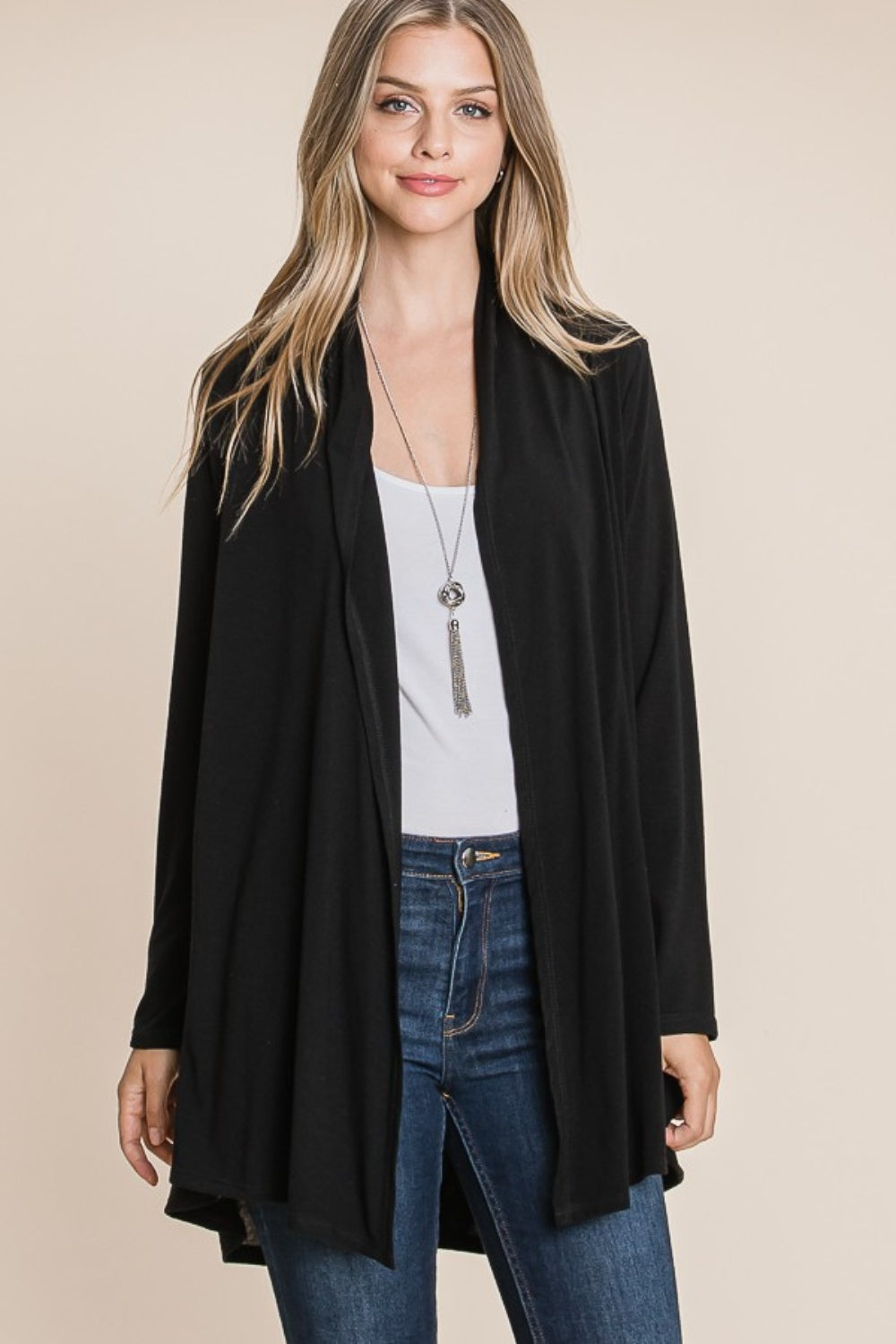BOMBOM Love Song Open Front Long Sleeve Cardigan in Black