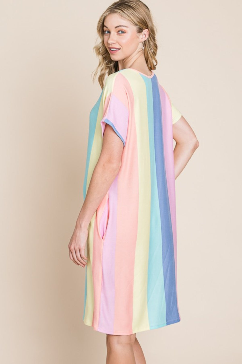 BOMBOM Saltwater Taffy Striped Short Sleeve Dress with Pockets