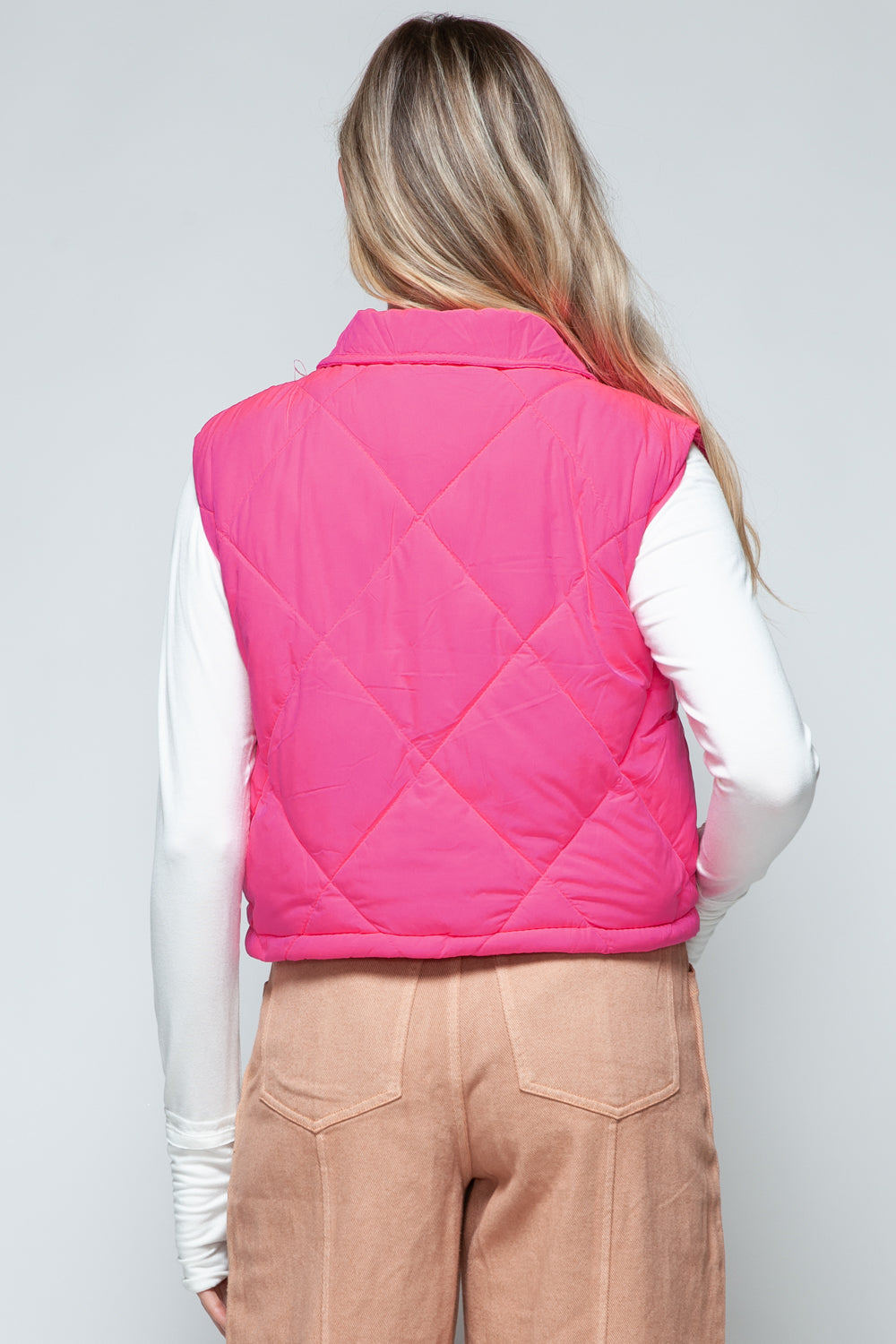 Snobbish Quilted and Cute Snap Down Quilted Crop Vest in Hot Pink