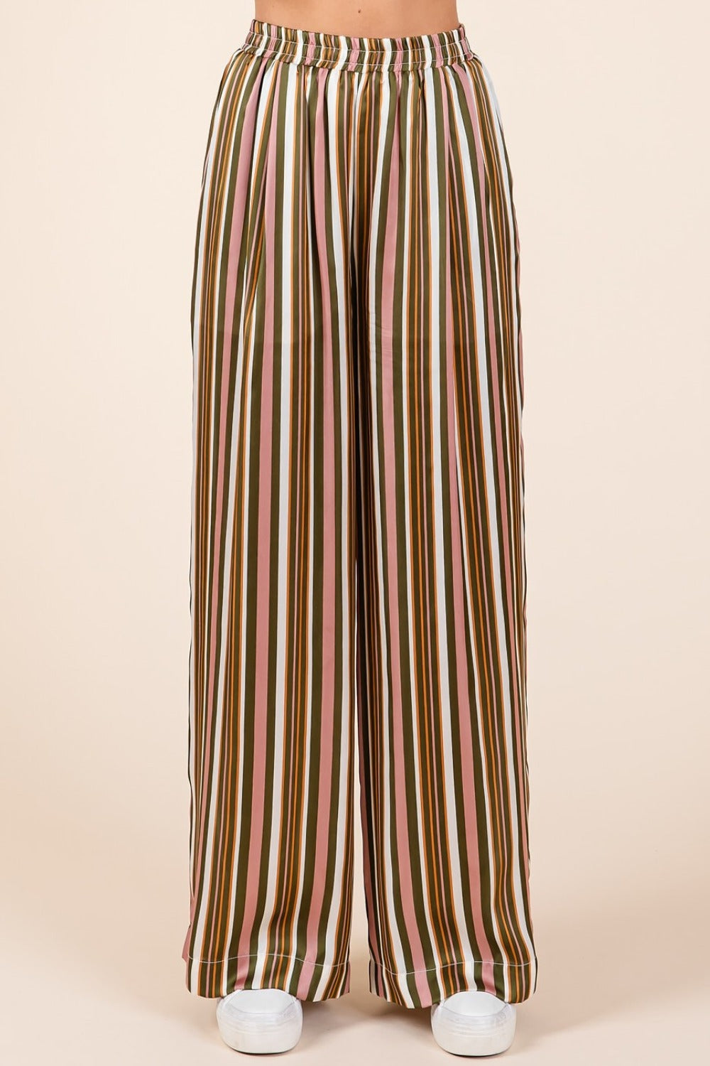 Mittoshop Oh Hey There Striped Satin Elastic Waist Wide Leg Pants in Mauve Multi