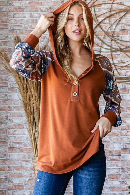 Heimish All Day Vibin' Half Button Printed Long Sleeve Hooded Top in Mocha Brown
