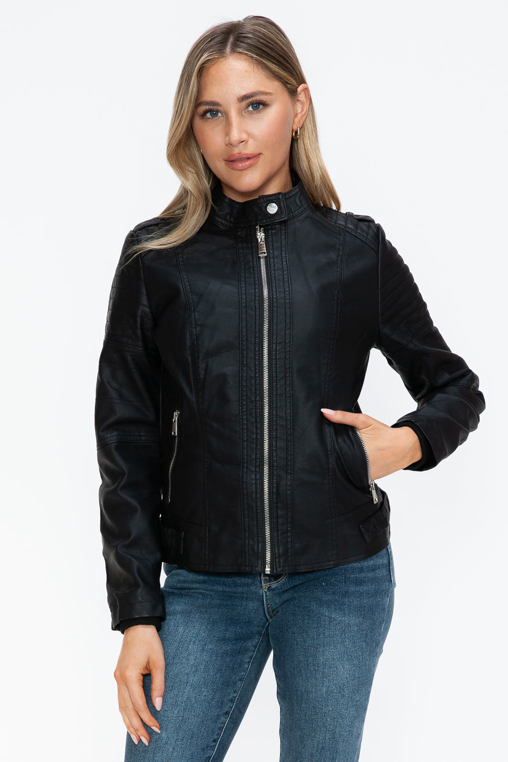 Snobbish Born To Ride PU Leather Biker Jacket with Side Zip Pockets in Black