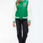 Love Me Now Bring The Love PU Leather Contrast Snap Down Bomber Jacket in Green/Milk