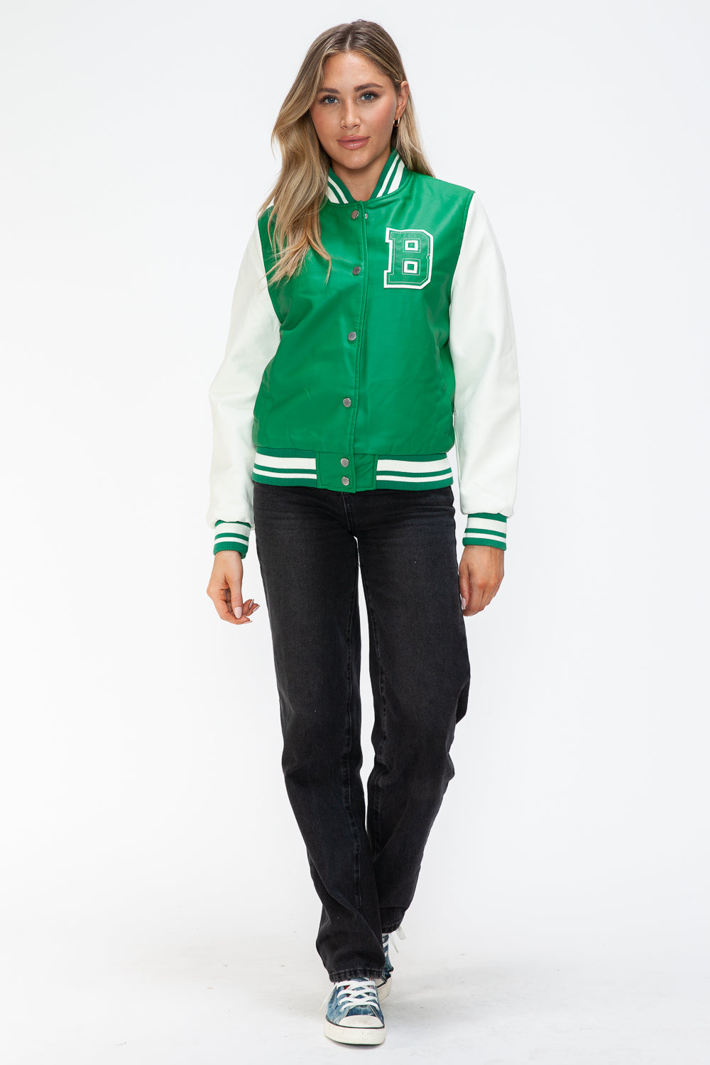 Love Me Now Bring The Love PU Leather Contrast Snap Down Bomber Jacket in Green/Milk