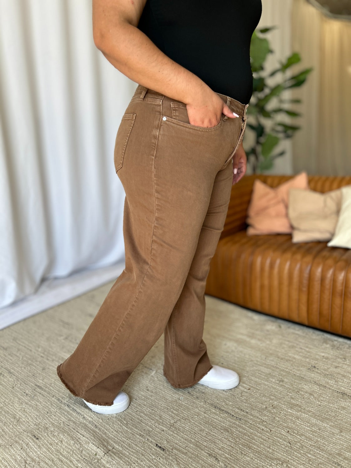 RFM Dawn High Rise Garment Dye Wide Leg Jeans in Coffee