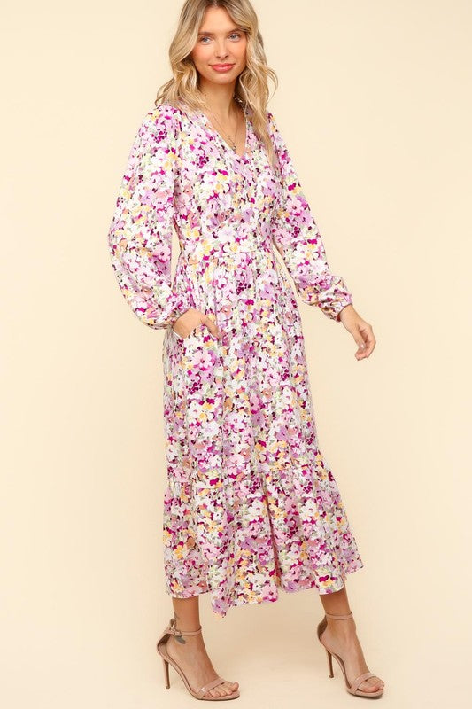 Haptics Smile On Floral V-Neck Long Sleeve Dress with Side Pockets in Lilac