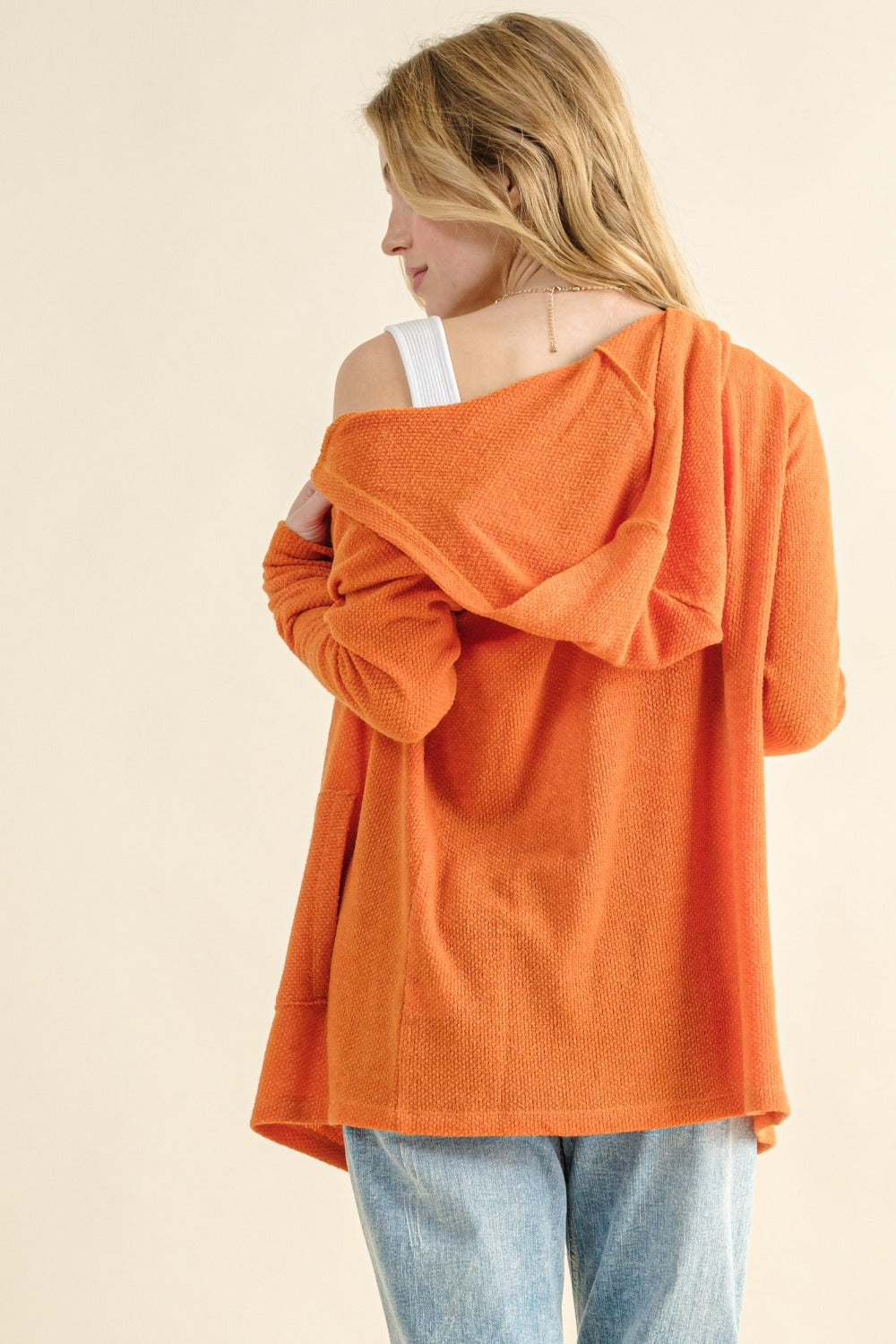 And The Why Take It Next Level Thermal Hooded Open Front Cardigan with Pockets in Dusty Coral
