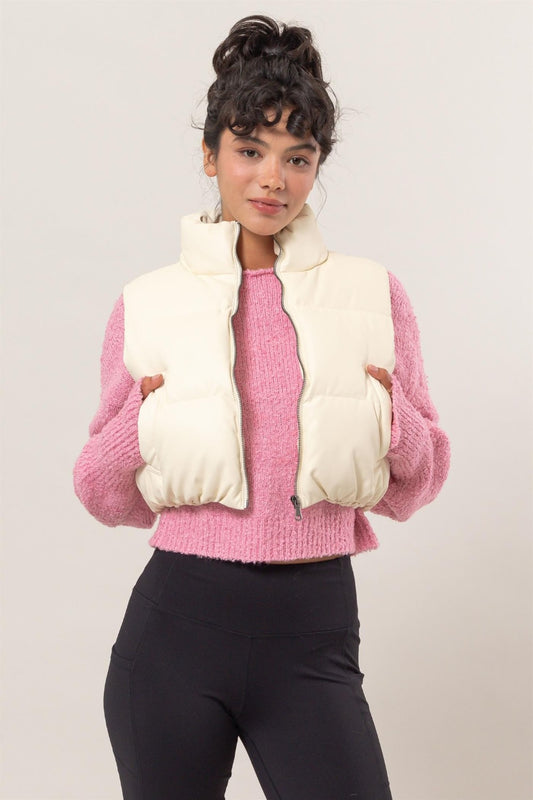 HYFVE Puff It Up Pocketed Solid Vest Coat in Cream