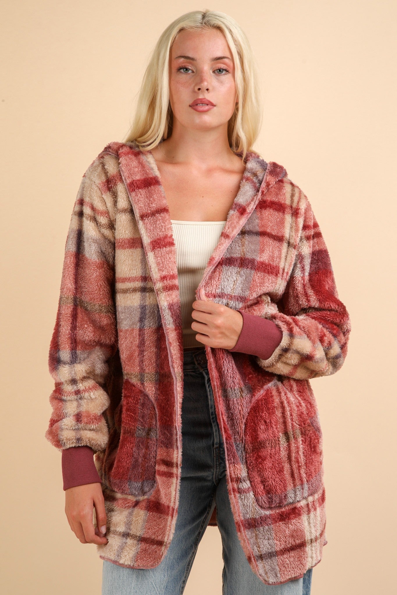 VERY J Where We Goin' Long Sleeve Hooded Jacket in Fuzzy Plaid