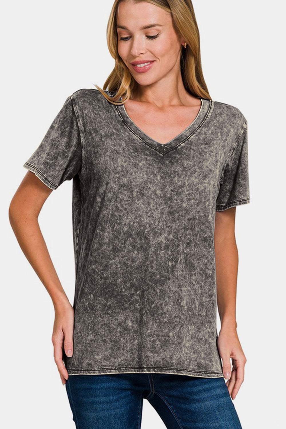Zenana Cute in Gray Washed Short Sleeve V-Neck T-Shirt in Dark Gray