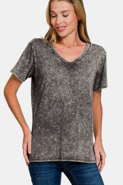 Zenana Cute in Gray Washed Short Sleeve V-Neck T-Shirt in Dark Gray