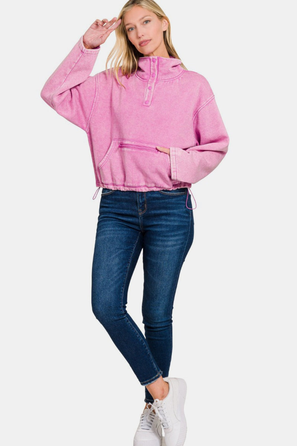 Zenana Cozy In The Cabin Acid Wash Fleece Half Snap Sweatshirt with Pocket in Mauve