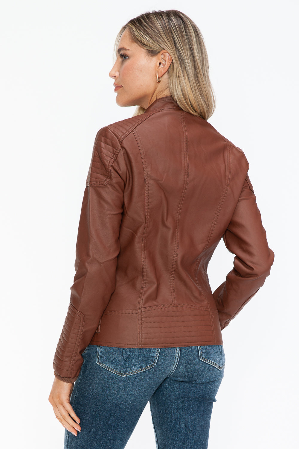Snobbish A Wild Ride Faux Leather Biker Jacket with Side Zip Pockets in Brandy