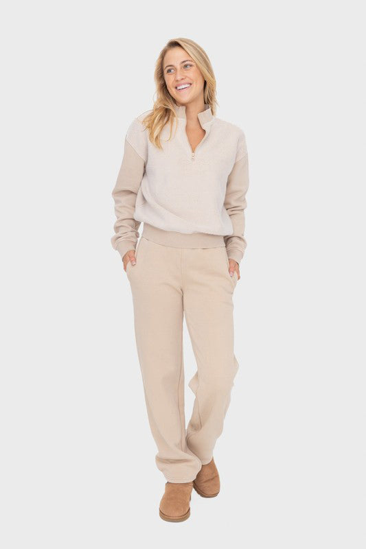 Mono B My Perfect Partner Elastic Waist Fleece Pants with Pockets in Tan