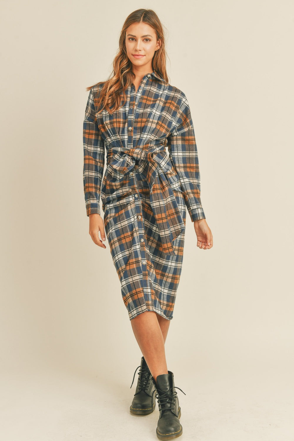 Mable Timeless in Plaid Flannel Front Tie Button Down Shirt Dress