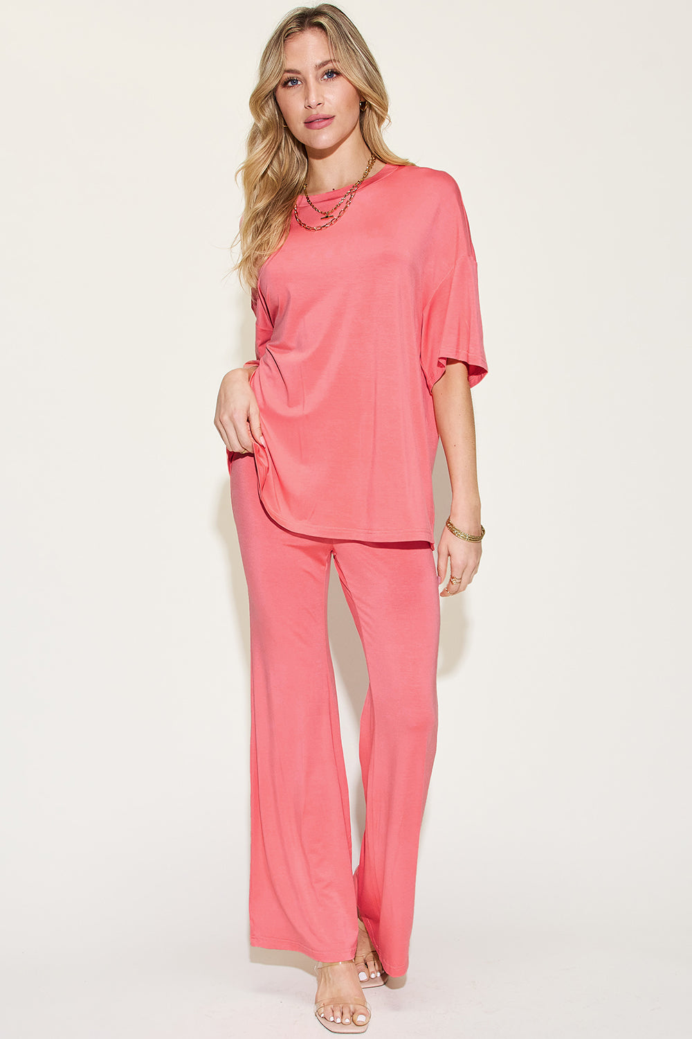 Basic Bae Reflect Bamboo Drop Shoulder T-Shirt and Flare Pants Set