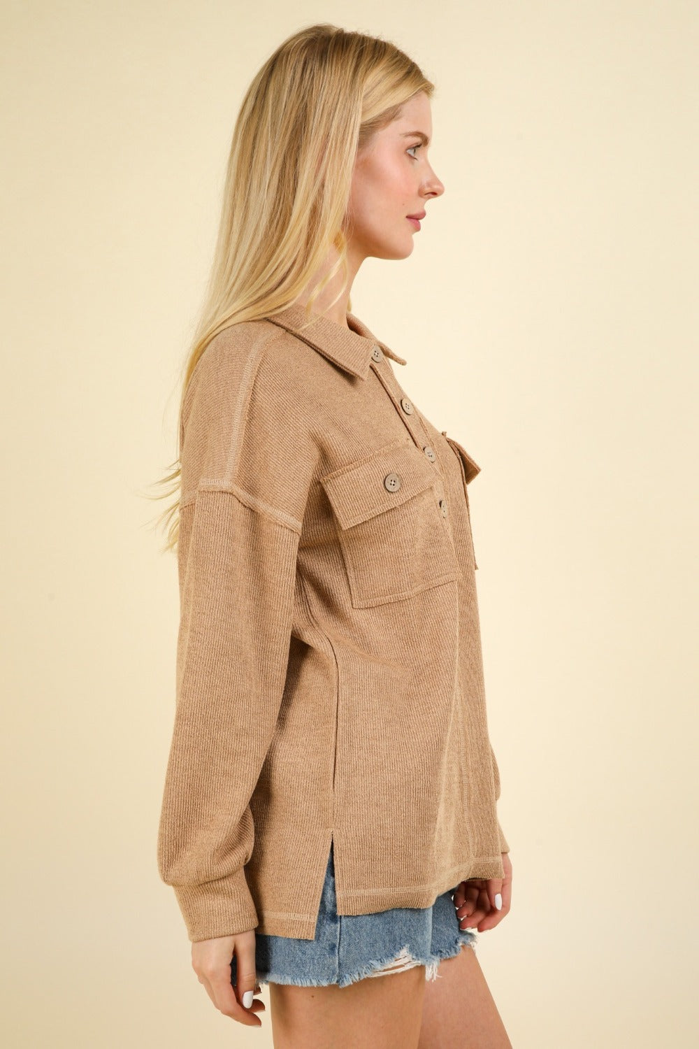 VERY J My Knit Game Collared Half Button Knit Top with Pockets in Taupe