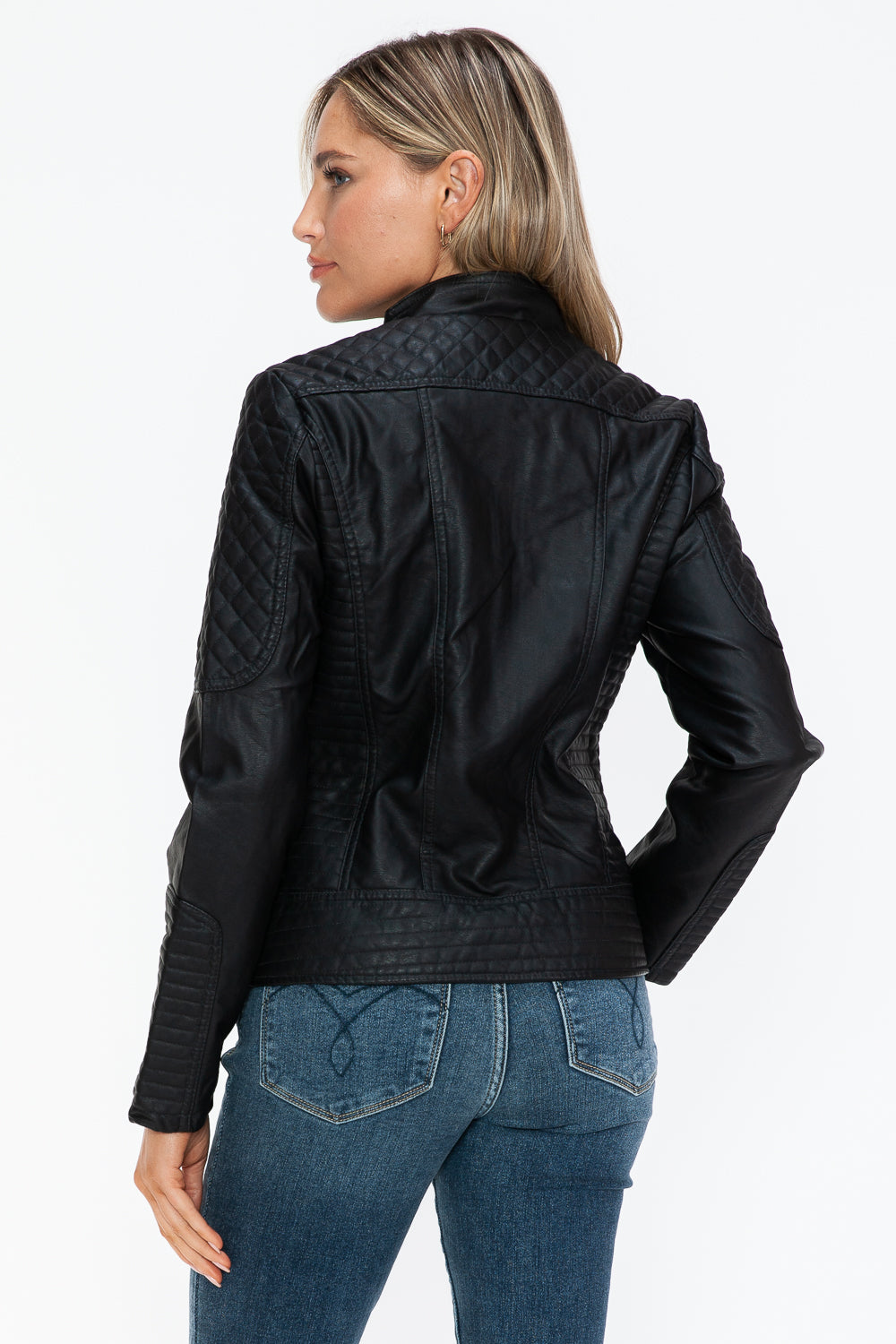 Snobbish Ready To Own The Night Faux Leather Zip Up Mock Neck Jacket in Black