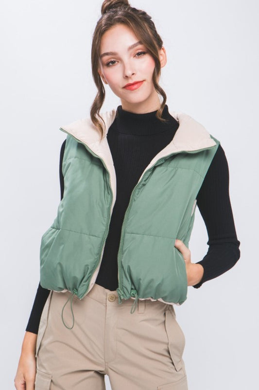Love Tree Two Faced Zip Up Cropped Contrast Reversible Vest in Olive