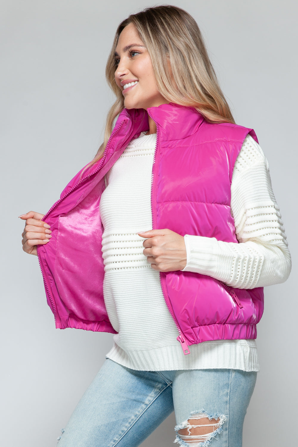 Snobbish Me and My Puffer Fine Fur Lining Quilted Vest in Hot Pink