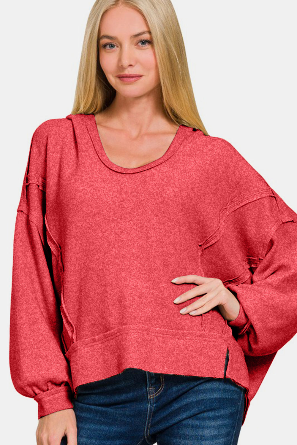 Zenana Seam Statement Brushed Hacci Exposed Seam Hoodie in Red