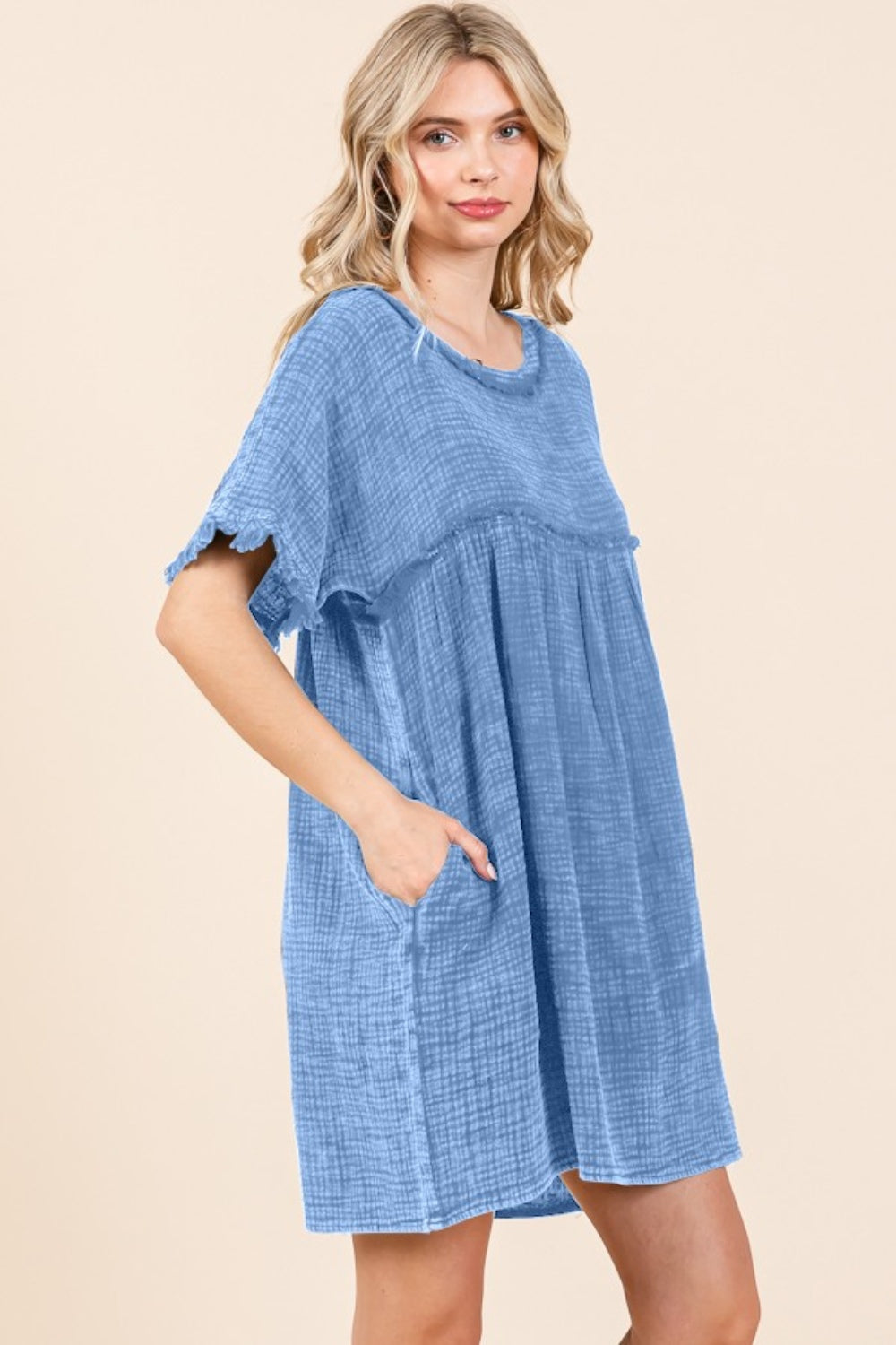 Culture Code Relaxed Babydoll Short Sleeve Babydoll Texture Dress with Pockets in New Dusty Blue