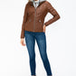 YMI Fuzzy Feels Faux Layered Double-Zipper Jacket with Fuzzy Hood in Rust