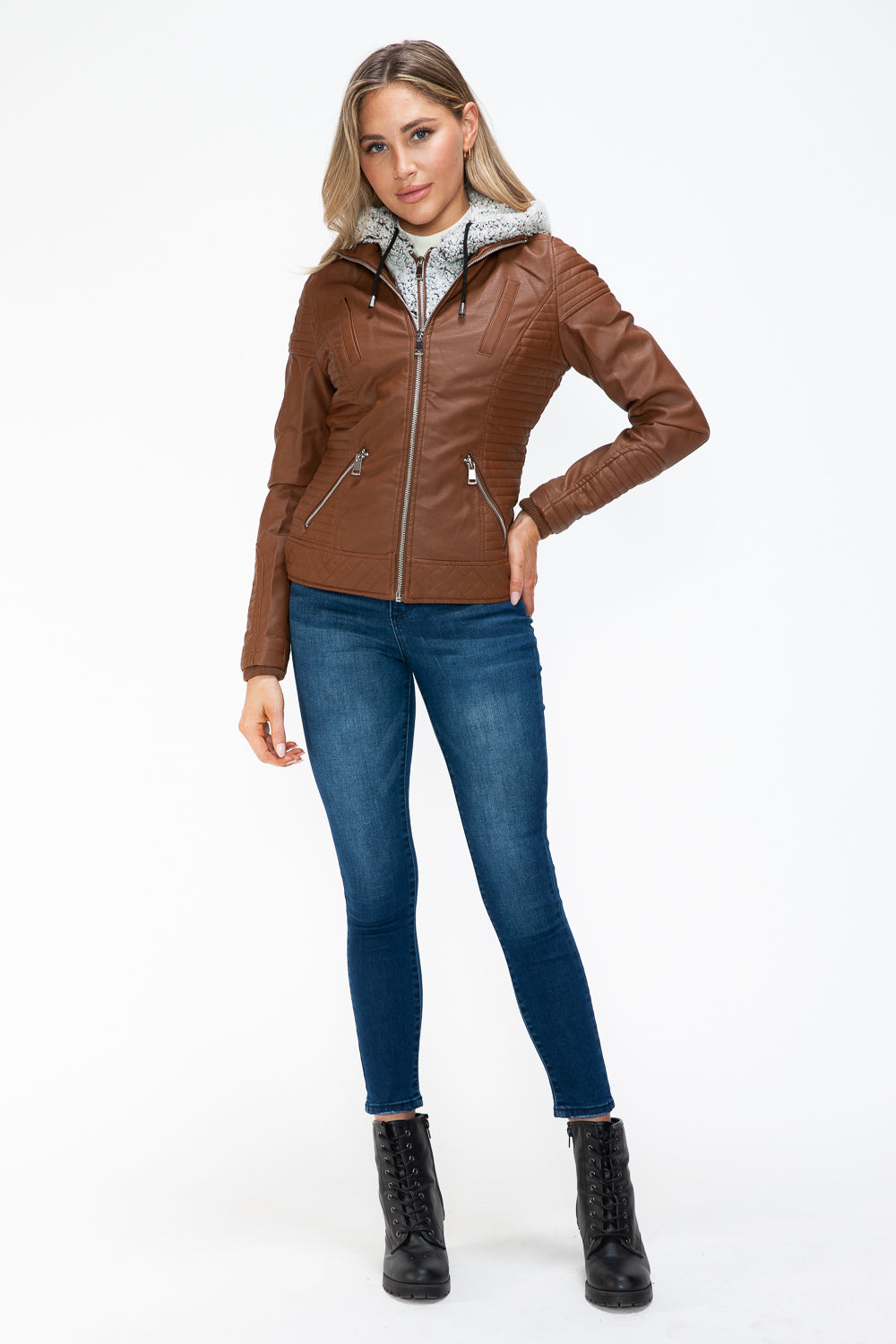 YMI Fuzzy Feels Faux Layered Double-Zipper Jacket with Fuzzy Hood in Rust