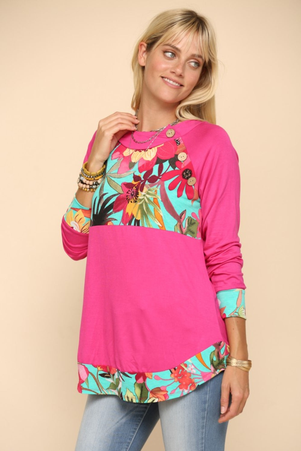 Celeste Tropical Vibes Long Sleeve T-Shirt in Fuchsia