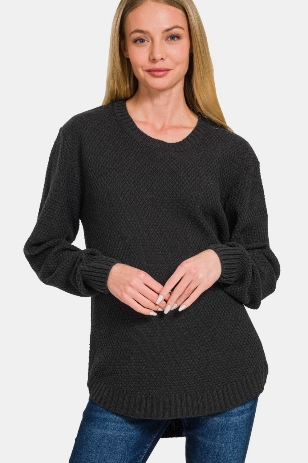 Zenana It's In The Curve Long Sleeve Curved Hem Sweater in Black