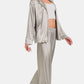 Zenana Wrapped In Satin Long Sleeve Shirt and Pants Pajama Set in Silver