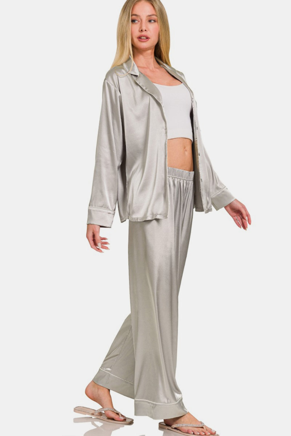 Zenana Wrapped In Satin Long Sleeve Shirt and Pants Pajama Set in Silver