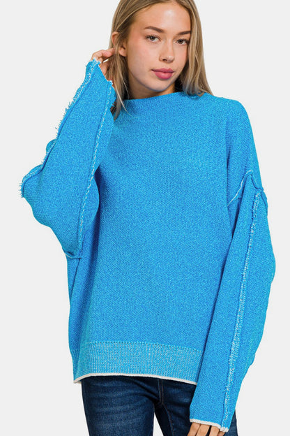 Zenana Everyday Cozy Exposed Seam Mock Neck Long Sleeve Sweater in Deep Sky