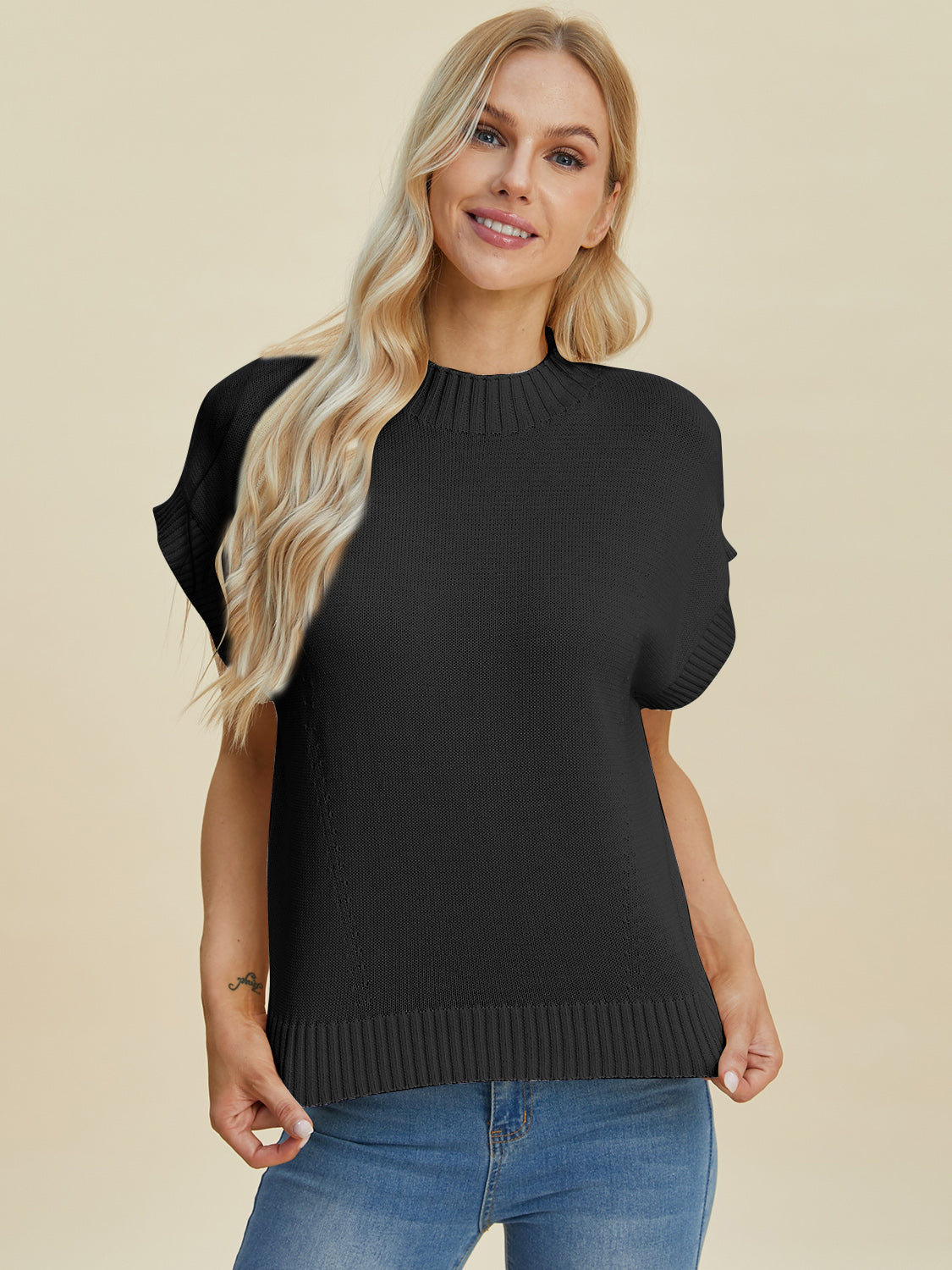 Double Take Lovely Day Mock Neck Short Sleeve Sweater