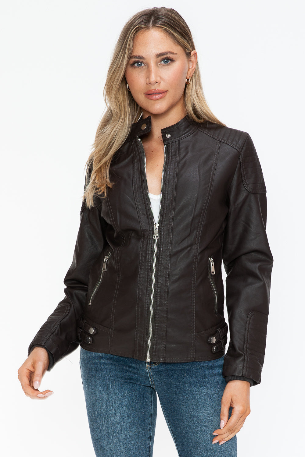 Snobbish A Wild Ride Faux Leather Biker Jacket with Side Zip Pockets in Chocolate