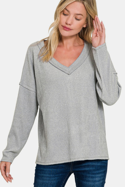 Zenana Breath of Fresh Air Ribbed V-Neck Drop Shoulder Top in Sleet