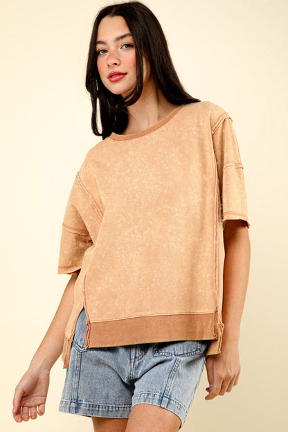 VERY J Simple & Striking Exposed Seam Slit T-Shirt in Mocha