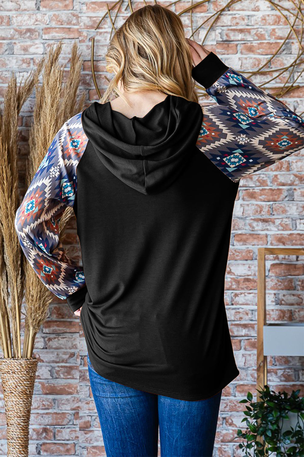 Heimish All Day Vibin' Half Button Printed Long Sleeve Hooded Top in Black
