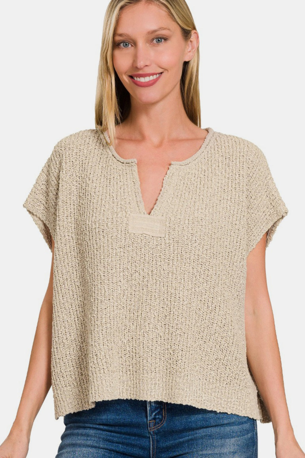 Zenana A Timeless Reality Short Sleeve Side Slit Sweater in H Mocha