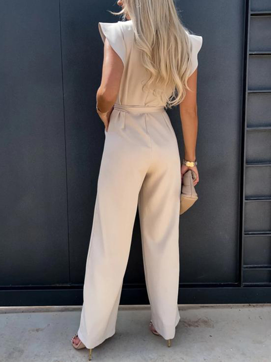 Captivating Muse Ruffled Round Neck Cap Sleeve Jumpsuit with Pockets