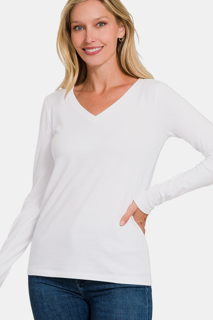 Zenana Make Your Mark V-Neck Long Sleeve T-Shirt in White