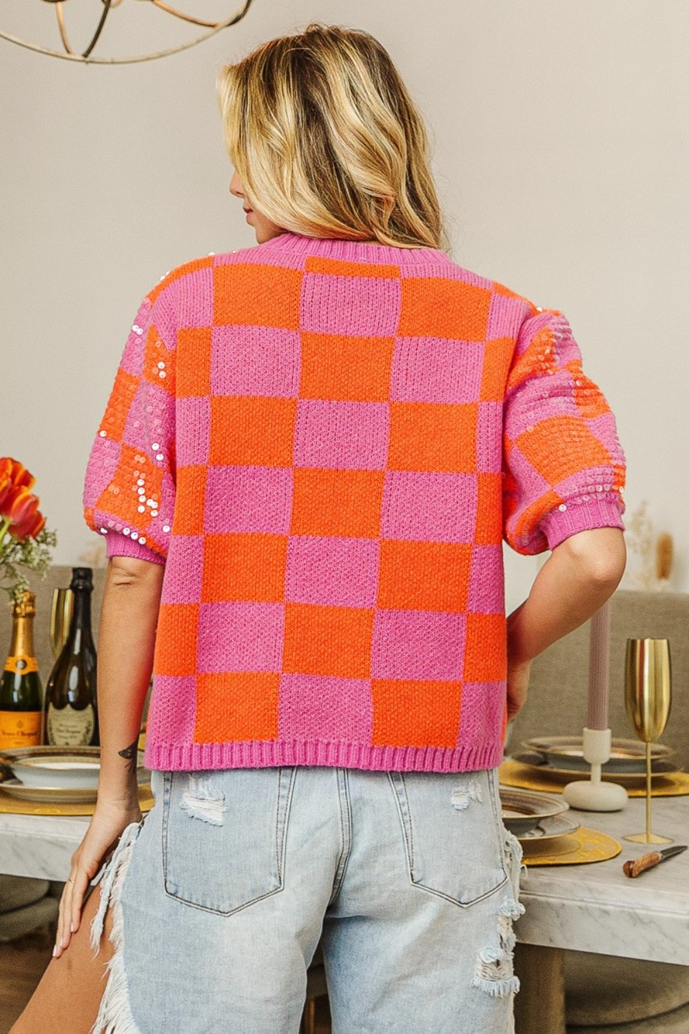 BiBi All Night In Sequin Checkered Short Sleeve Sequin Sweater