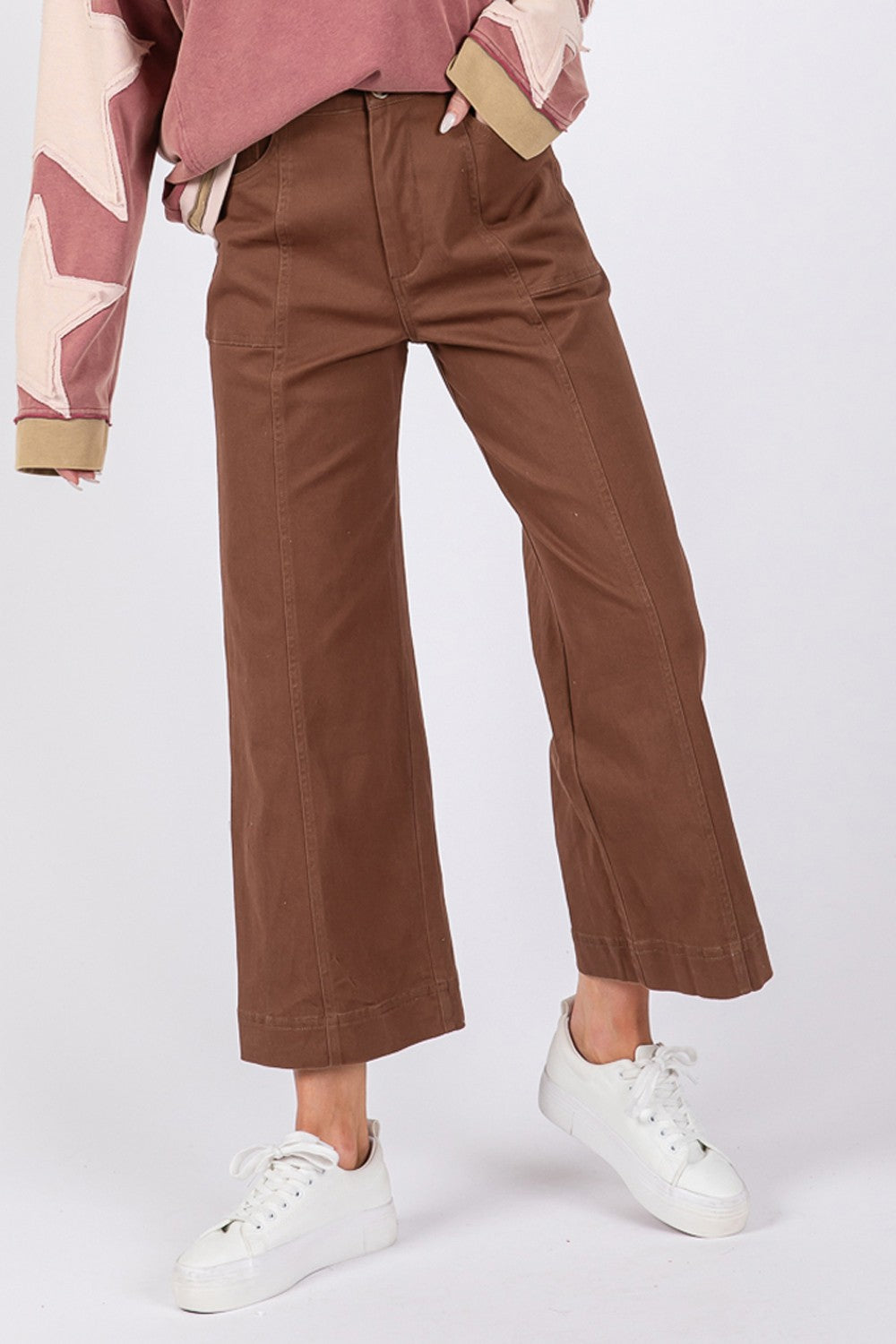 SAGE + FIG Annette Wide Leg Cropped Pants in Mocha