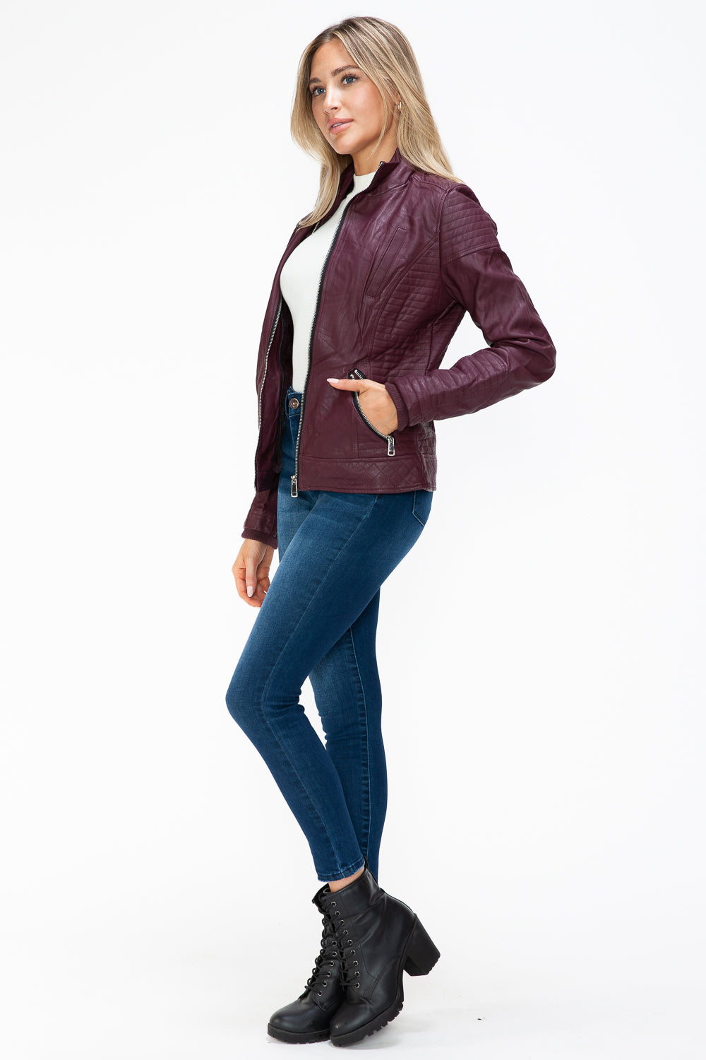 YMI Fuzzy Feels Faux Layered Double-Zipper Jacket with Fuzzy Hood in Wine