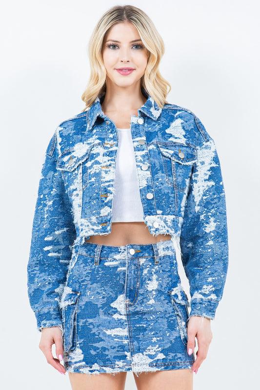 American Bazi Denim Chic Jacquard Trim Cropped Denim Jacket