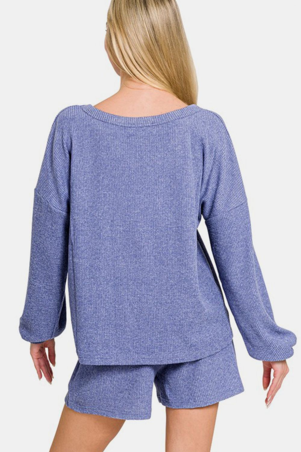 Zenana Collecting Moments V-Neck Long Sleeve Ribbed Top and Shorts Set in Blue Purple