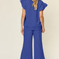 Double Take Butterfly Kisses Texture Ruffle Short Sleeve Top and Drawstring Wide Leg Pants Set