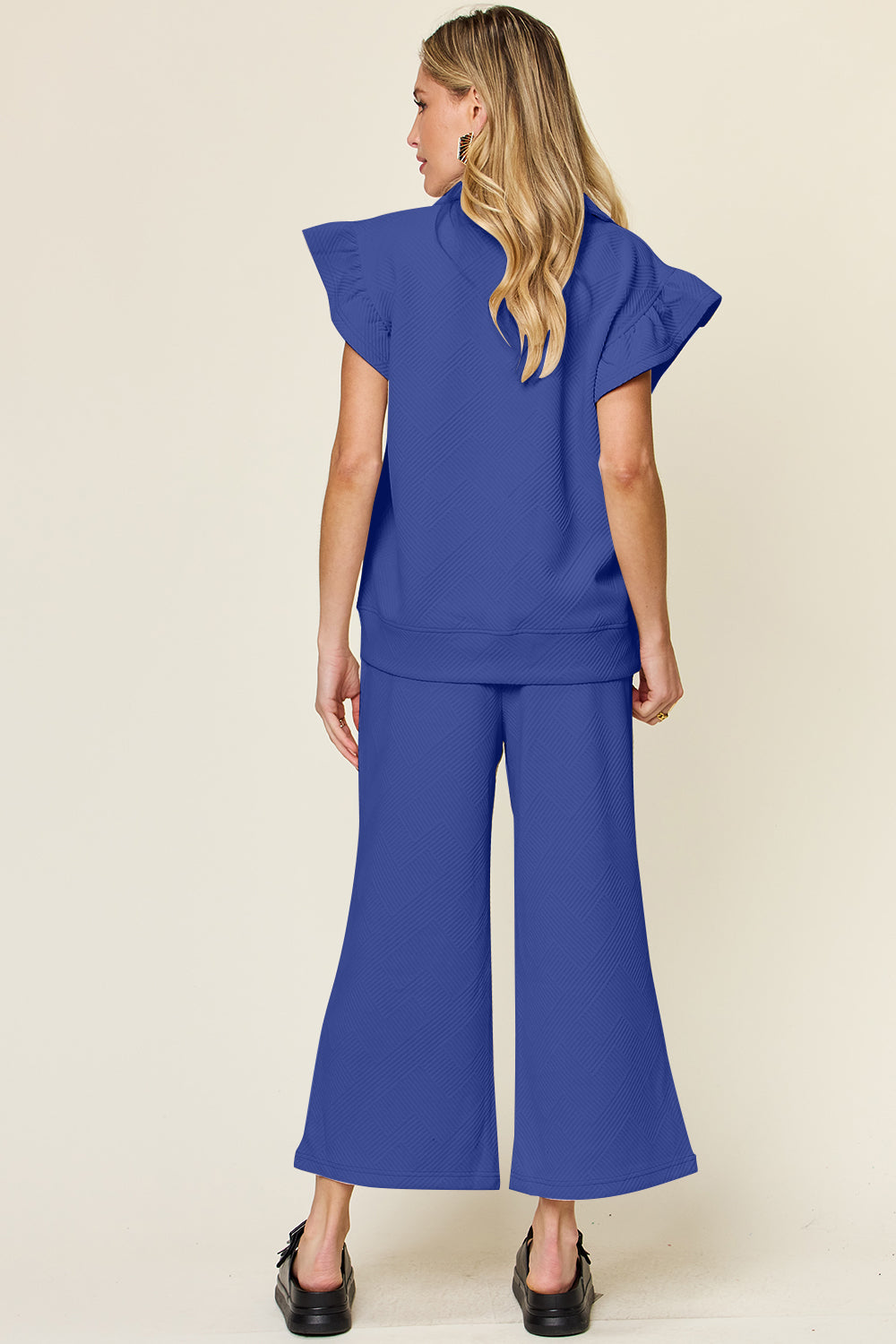 Double Take Butterfly Kisses Texture Ruffle Short Sleeve Top and Drawstring Wide Leg Pants Set