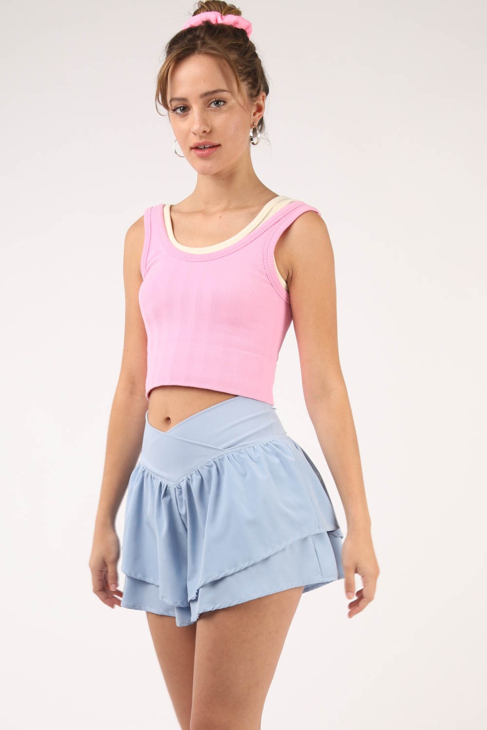 VERY J Unstoppable Pace V-Shaped High Waist Layered Active Shorts in Sky